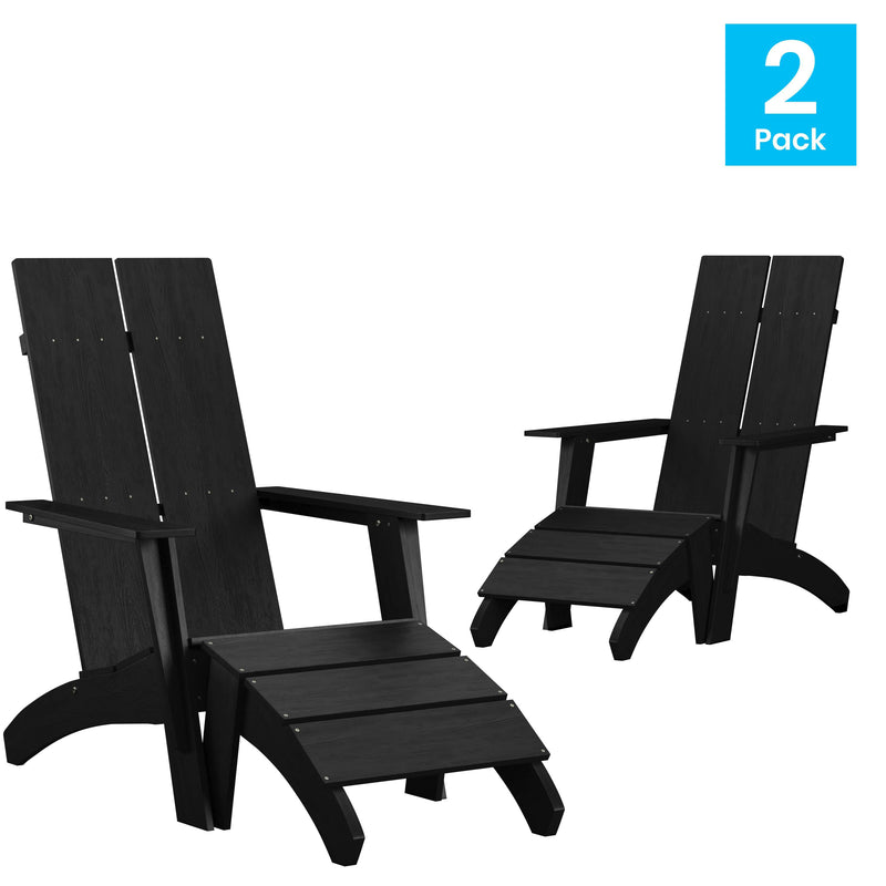 Set of 2 Sawyer Modern All-Weather Poly Resin Wood Adirondack Chairs with Foot Rests in Black