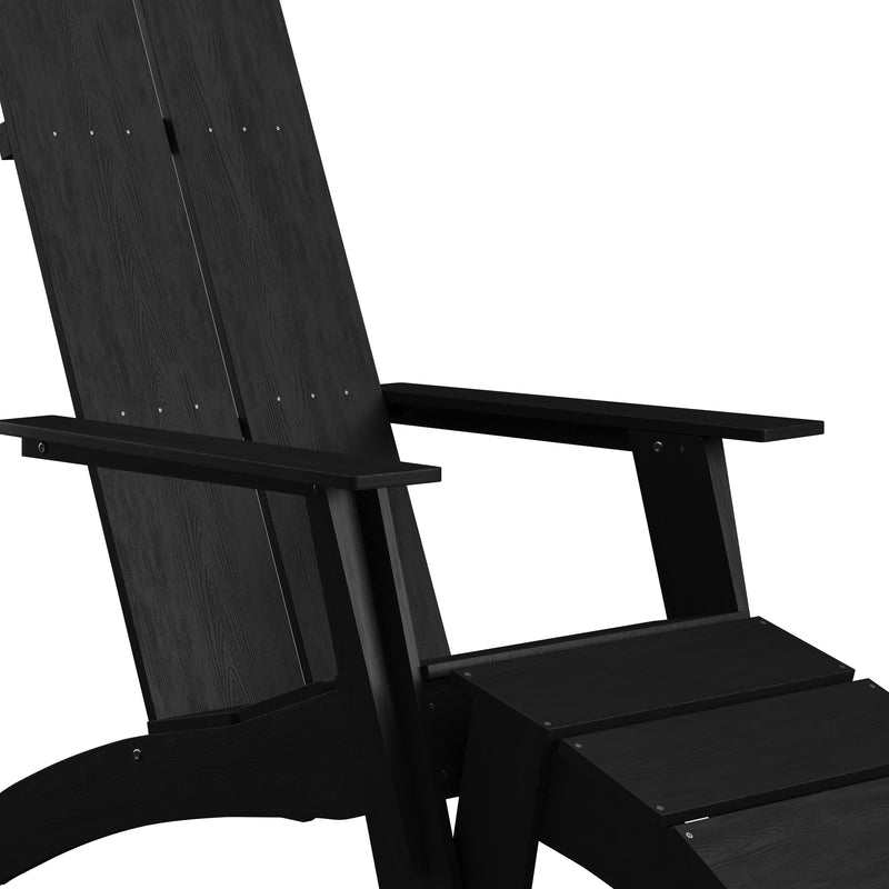 Set of 2 Sawyer Modern All-Weather Poly Resin Wood Adirondack Chairs with Foot Rests in Black