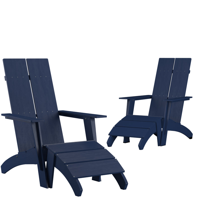 Set of 2 Sawyer Modern All-Weather Poly Resin Wood Adirondack Chairs with Foot Rests in Navy