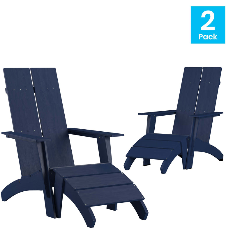 Set of 2 Sawyer Modern All-Weather Poly Resin Wood Adirondack Chairs with Foot Rests in Navy