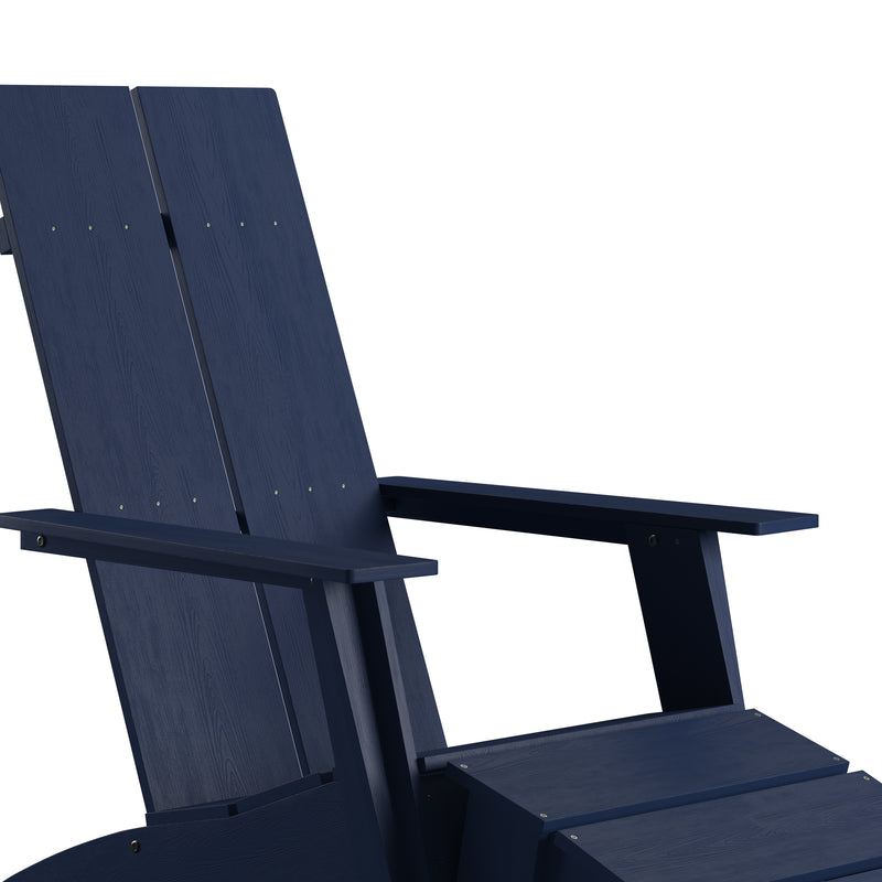 Set of 2 Sawyer Modern All-Weather Poly Resin Wood Adirondack Chairs with Foot Rests in Navy