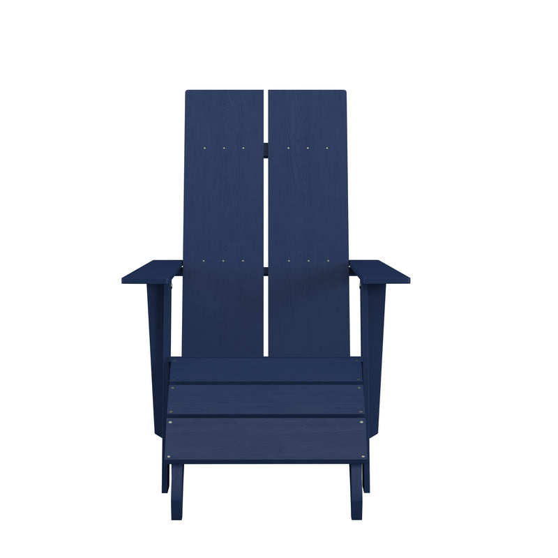 Set of 2 Sawyer Modern All-Weather Poly Resin Wood Adirondack Chairs with Foot Rests in Navy