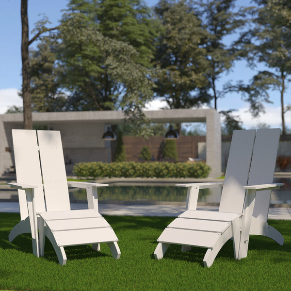 Set of 2 Sawyer Modern All-Weather Poly Resin Wood Adirondack Chairs with Foot Rests in White