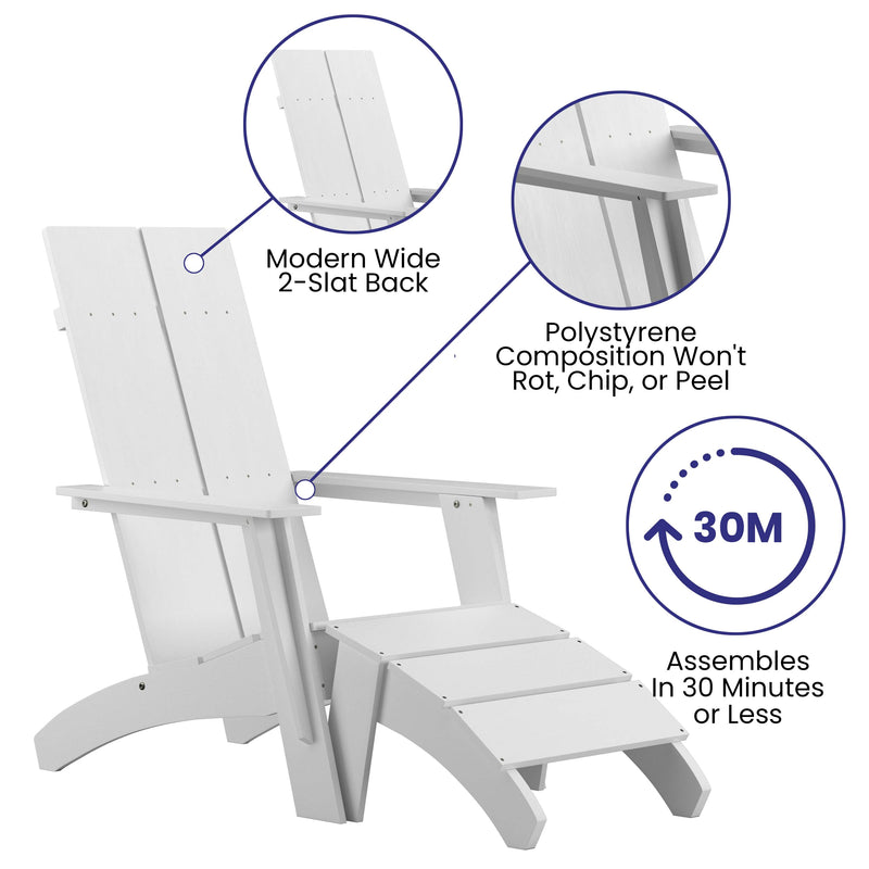 Set of 2 Sawyer Modern All-Weather Poly Resin Wood Adirondack Chairs with Foot Rests in White