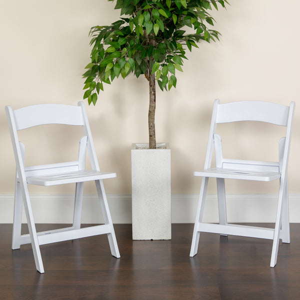 2 Pack SINGLEWAVE Series 1000 lb. Capacity White Resin Folding Chair with Slatted Seat