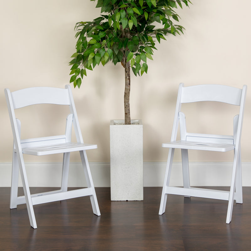 2 Pack SINGLEWAVE Series 1000 lb. Capacity White Resin Folding Chair with Slatted Seat