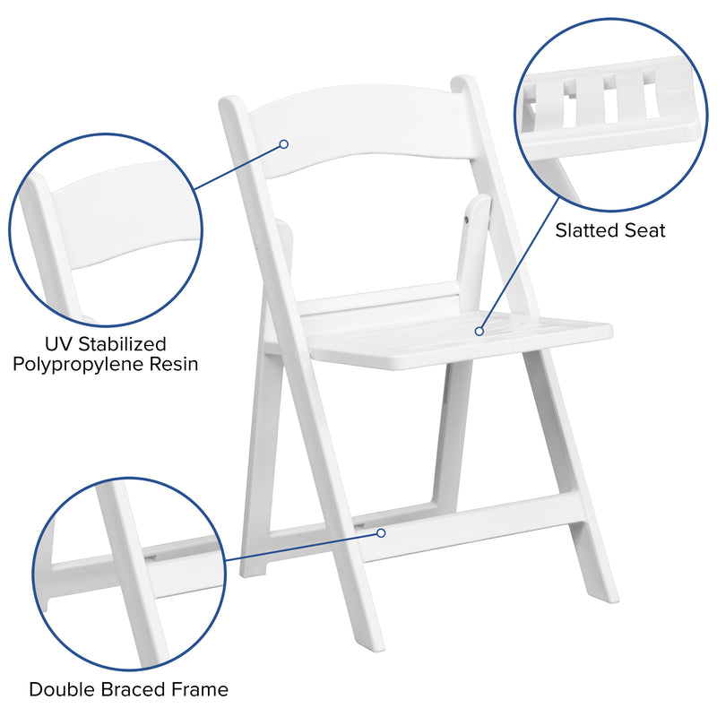 2 Pack SINGLEWAVE Series 1000 lb. Capacity White Resin Folding Chair with Slatted Seat