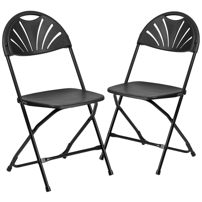 2 Pack SINGLEWAVE Series 650 lb. Capacity Black Plastic Fan Back Folding Chair