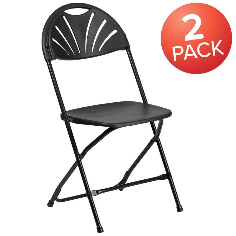 2 Pack SINGLEWAVE Series 650 lb. Capacity Black Plastic Fan Back Folding Chair