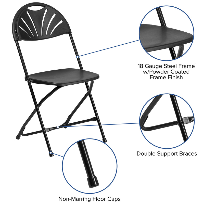 2 Pack SINGLEWAVE Series 650 lb. Capacity Black Plastic Fan Back Folding Chair