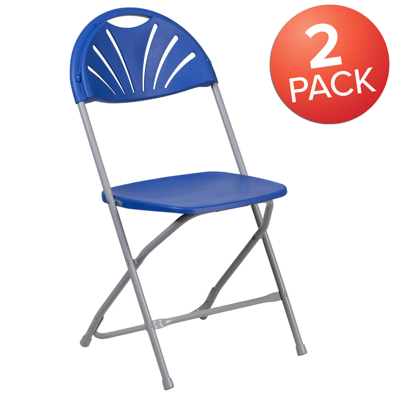 2 Pack SINGLEWAVE Series 650 lb. Capacity Blue Plastic Fan Back Folding Chair