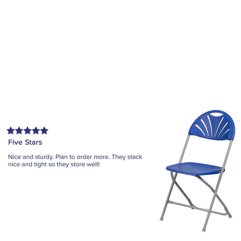 2 Pack SINGLEWAVE Series 650 lb. Capacity Blue Plastic Fan Back Folding Chair