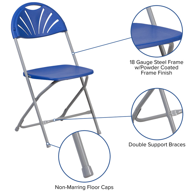 2 Pack SINGLEWAVE Series 650 lb. Capacity Blue Plastic Fan Back Folding Chair