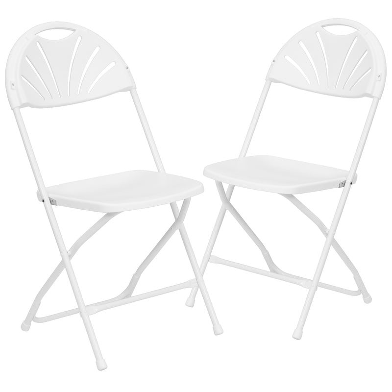 2 Pack SINGLEWAVE Series 650 lb. Capacity White Plastic Fan Back Folding Chair