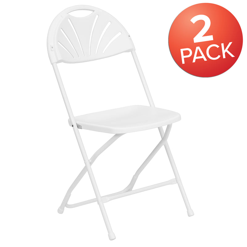 2 Pack SINGLEWAVE Series 650 lb. Capacity White Plastic Fan Back Folding Chair