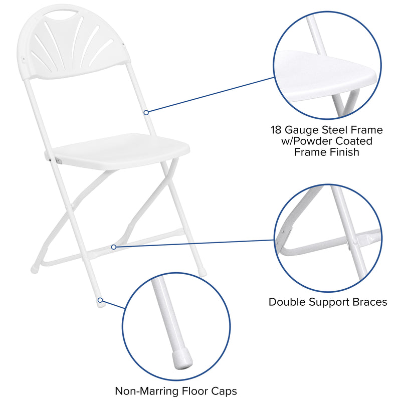 2 Pack SINGLEWAVE Series 650 lb. Capacity White Plastic Fan Back Folding Chair