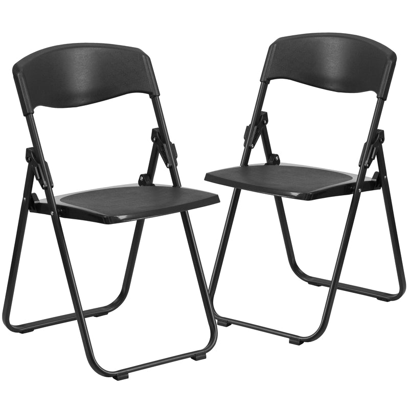 2 Pack SINGLEWAVE Series 500 lb. Capacity Heavy Duty Black Plastic Folding Chair with Built-in Ganging Brackets