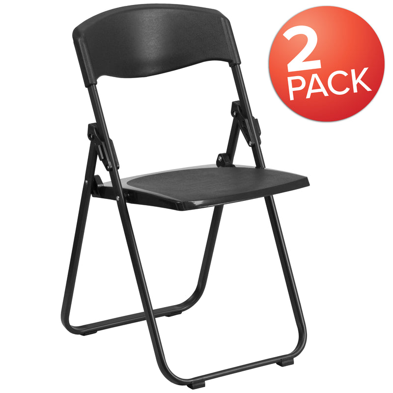 2 Pack SINGLEWAVE Series 500 lb. Capacity Heavy Duty Black Plastic Folding Chair with Built-in Ganging Brackets