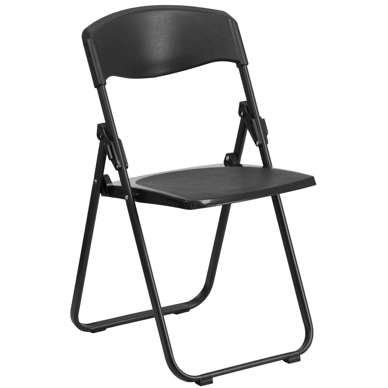 2 Pack SINGLEWAVE Series 500 lb. Capacity Heavy Duty Black Plastic Folding Chair with Built-in Ganging Brackets