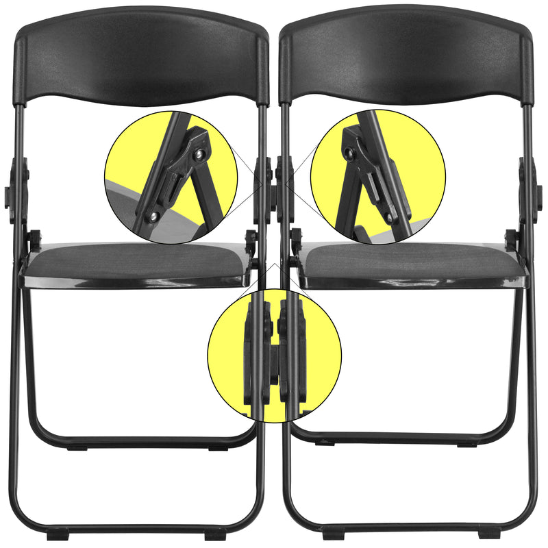 2 Pack SINGLEWAVE Series 500 lb. Capacity Heavy Duty Black Plastic Folding Chair with Built-in Ganging Brackets