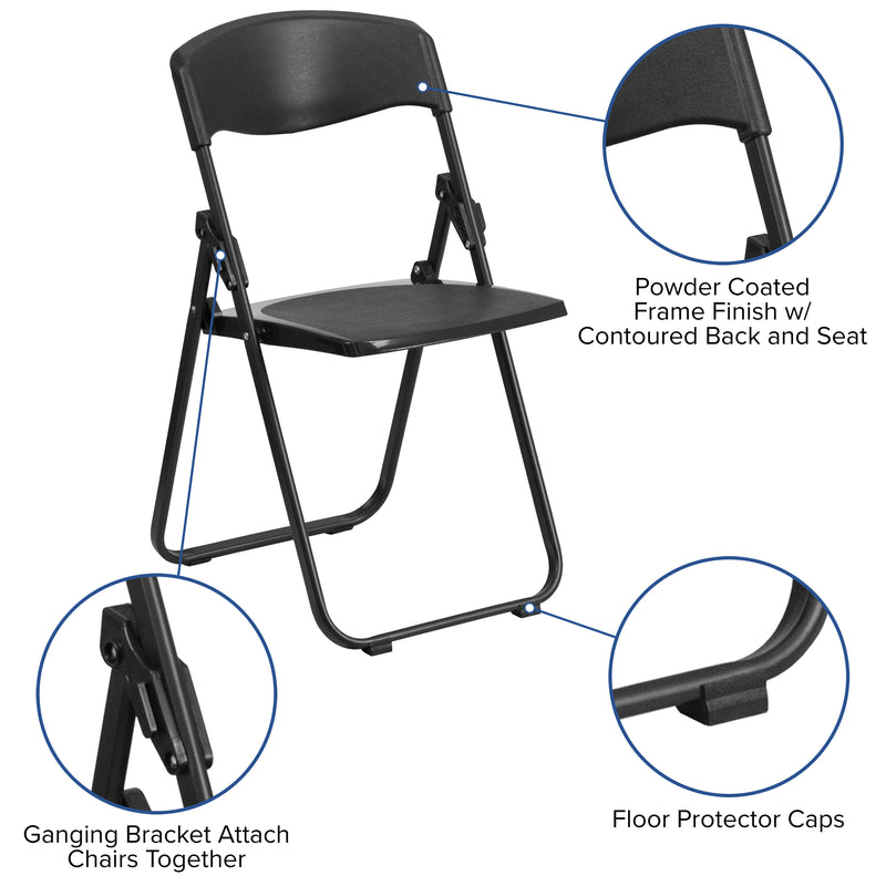 2 Pack SINGLEWAVE Series 500 lb. Capacity Heavy Duty Black Plastic Folding Chair with Built-in Ganging Brackets