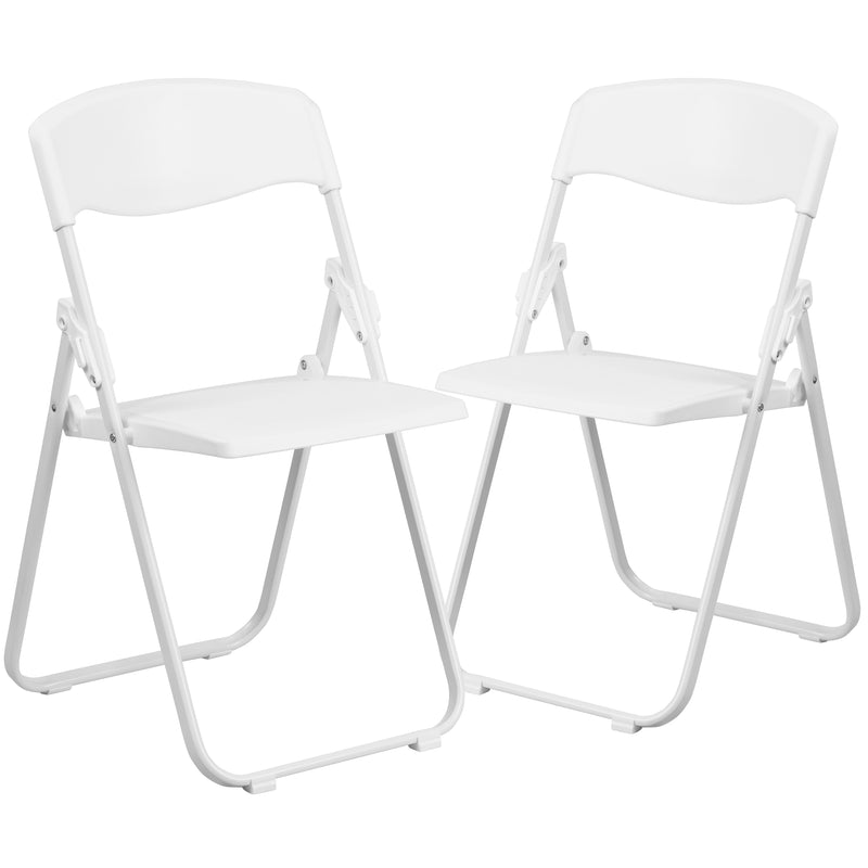 2 Pack SINGLEWAVE Series 500 lb. Capacity Heavy Duty White Plastic Folding Chair with Built-in Ganging Brackets