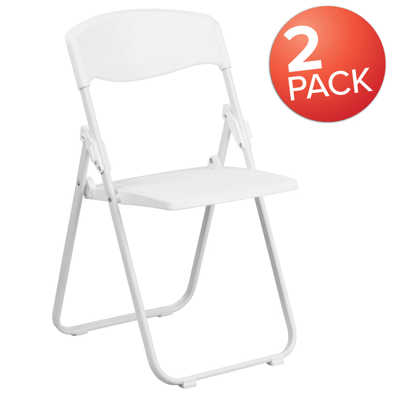 2 Pack SINGLEWAVE Series 500 lb. Capacity Heavy Duty White Plastic Folding Chair with Built-in Ganging Brackets