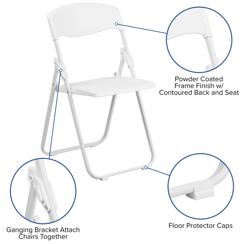 2 Pack SINGLEWAVE Series 500 lb. Capacity Heavy Duty White Plastic Folding Chair with Built-in Ganging Brackets