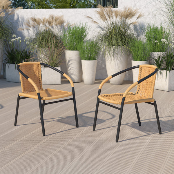 2 Pack Beige Rattan Indoor-Outdoor Restaurant Stack Chair