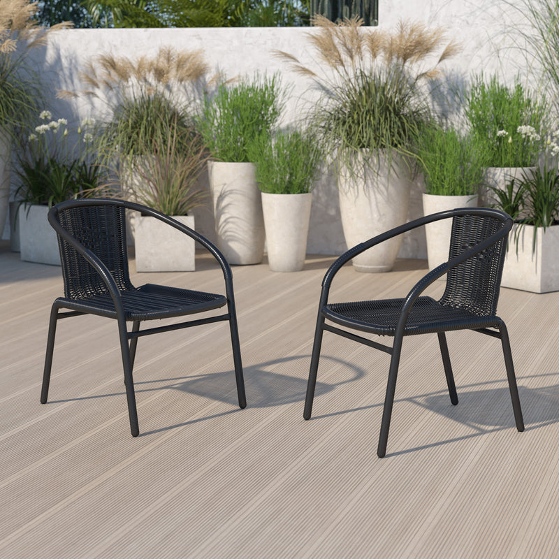 2 Pack Black Rattan Indoor-Outdoor Restaurant Stack Chair