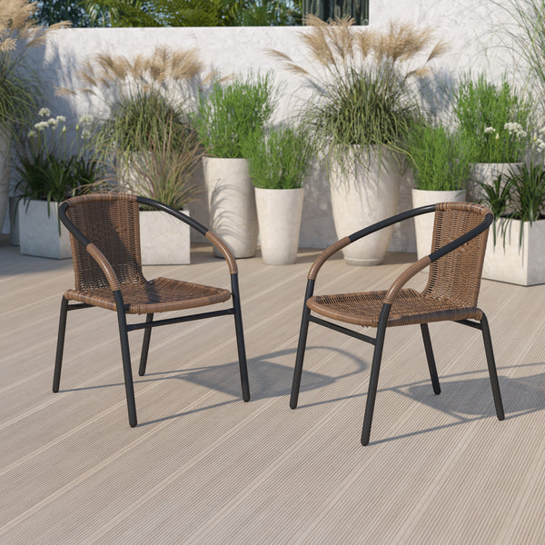 2 Pack Medium Brown Rattan Indoor-Outdoor Restaurant Stack Chair