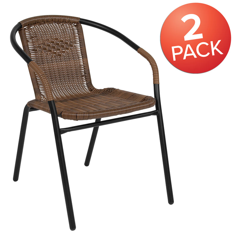 2 Pack Medium Brown Rattan Indoor-Outdoor Restaurant Stack Chair