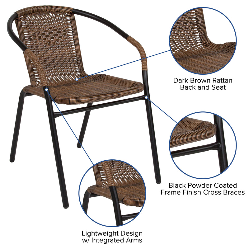 2 Pack Medium Brown Rattan Indoor-Outdoor Restaurant Stack Chair