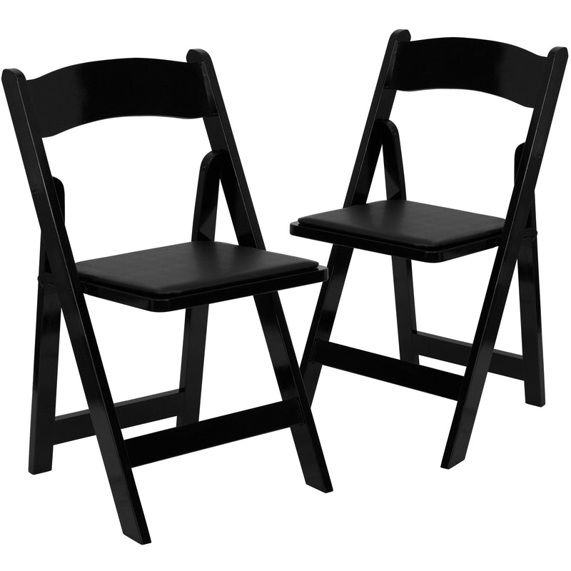 2 Pack SINGLEWAVE Series Black Wood Folding Chair with Vinyl Padded Seat