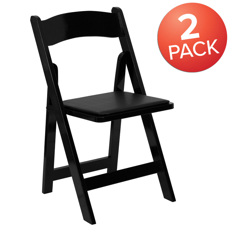 2 Pack SINGLEWAVE Series Black Wood Folding Chair with Vinyl Padded Seat