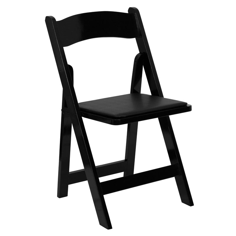 2 Pack SINGLEWAVE Series Black Wood Folding Chair with Vinyl Padded Seat