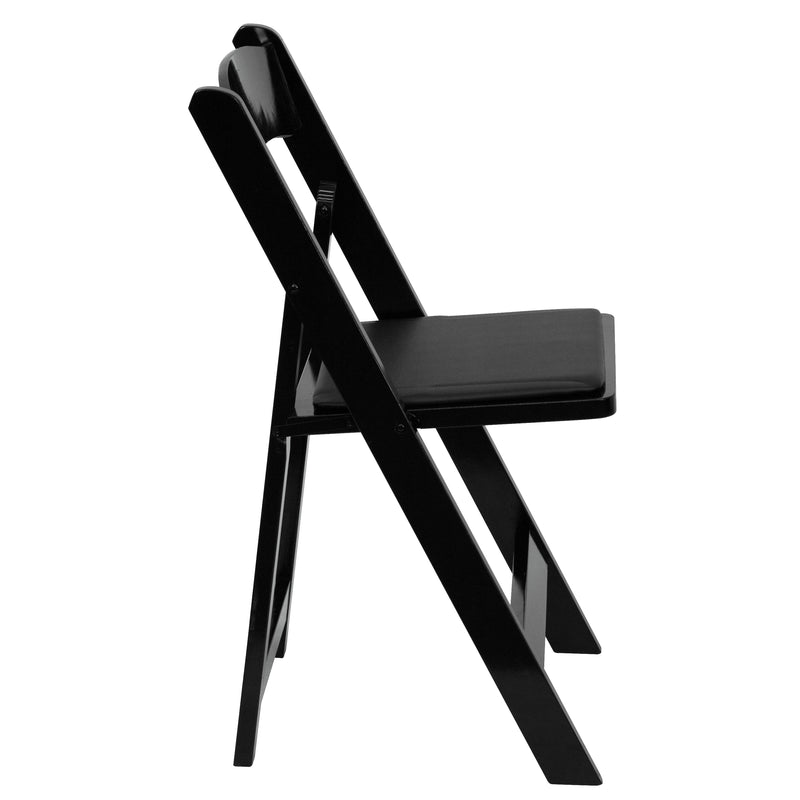 2 Pack SINGLEWAVE Series Black Wood Folding Chair with Vinyl Padded Seat