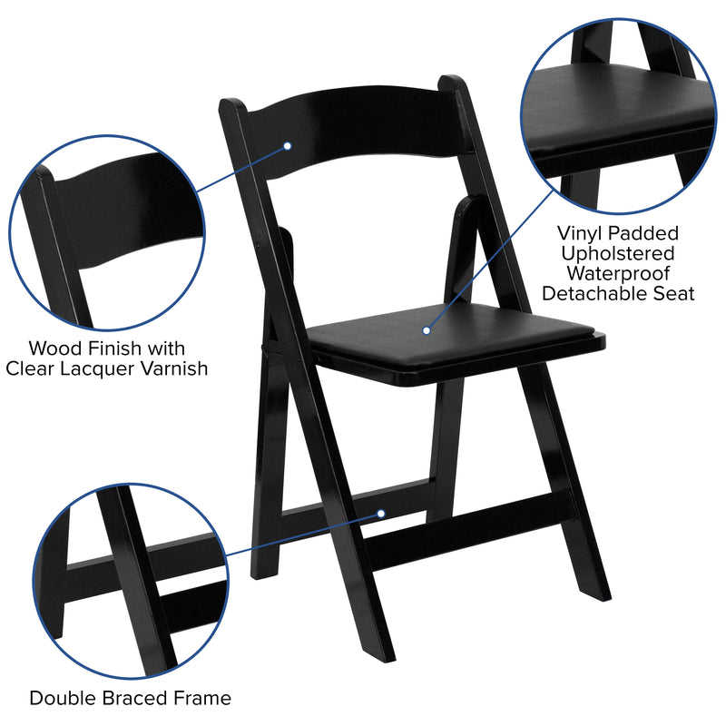 2 Pack SINGLEWAVE Series Black Wood Folding Chair with Vinyl Padded Seat