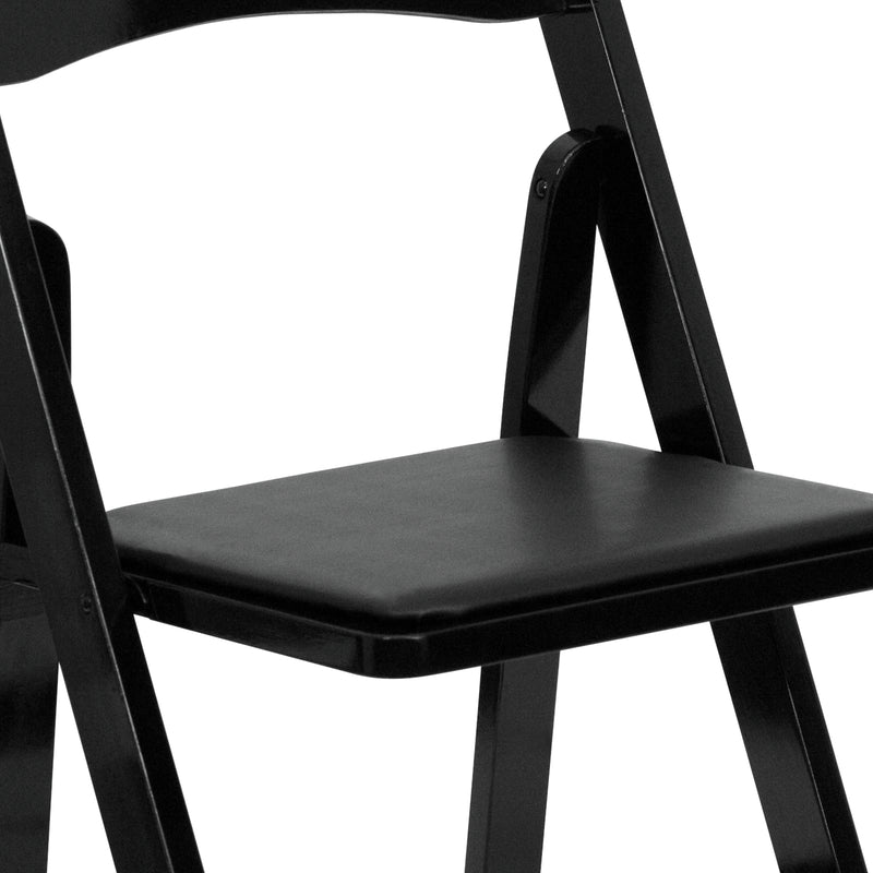 2 Pack SINGLEWAVE Series Black Wood Folding Chair with Vinyl Padded Seat