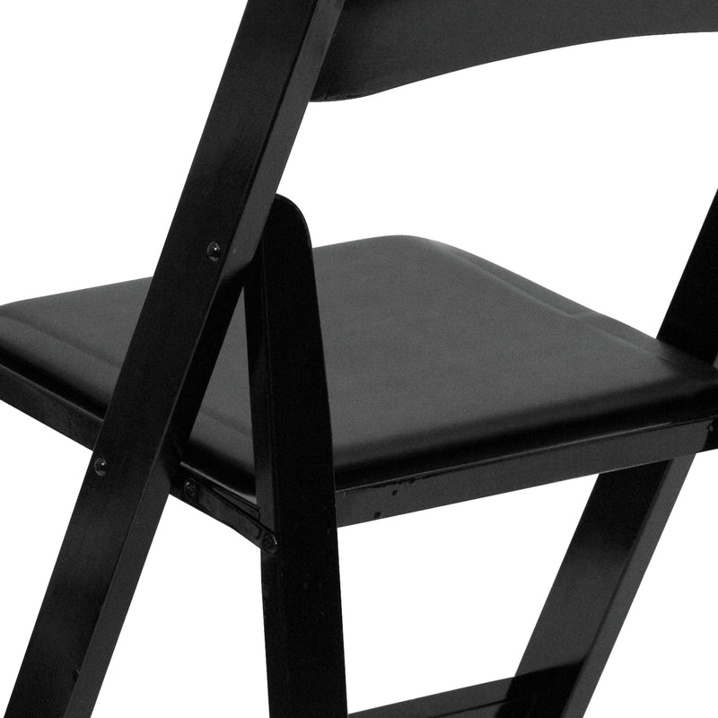 2 Pack SINGLEWAVE Series Black Wood Folding Chair with Vinyl Padded Seat