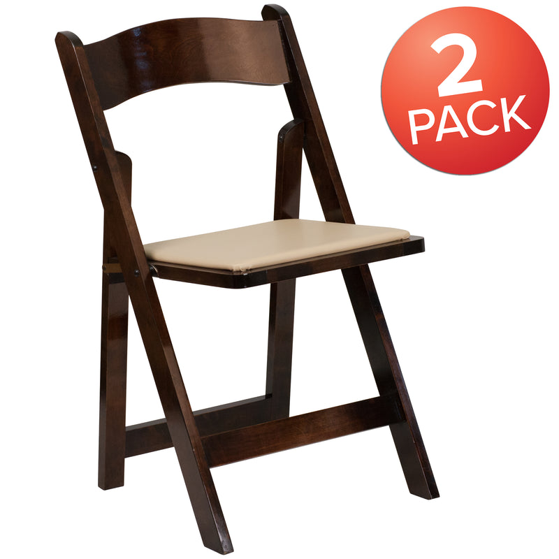 2 Pack SINGLEWAVE Series Fruitwood Wood Folding Chair with Vinyl Padded Seat