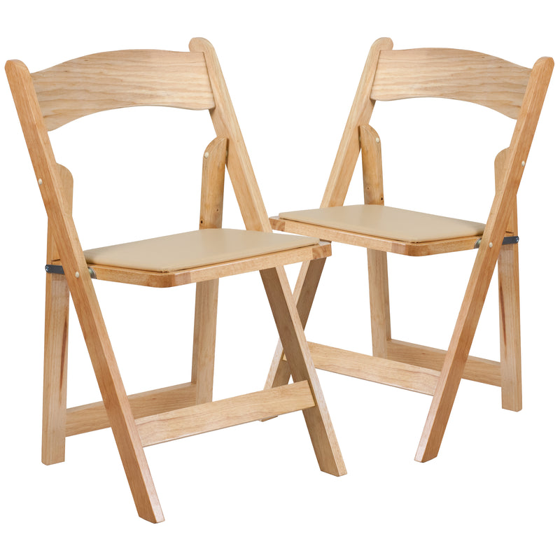 2 Pack SINGLEWAVE Series Natural Wood Folding Chair with Vinyl Padded Seat