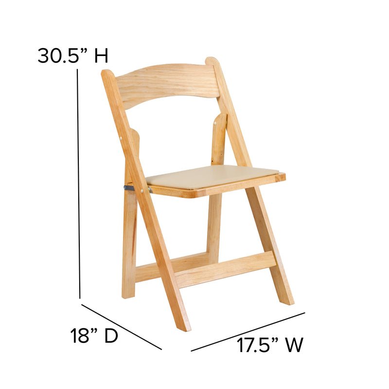 2 Pack SINGLEWAVE Series Natural Wood Folding Chair with Vinyl Padded Seat