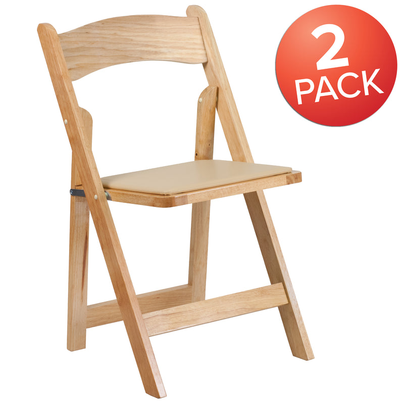 2 Pack SINGLEWAVE Series Natural Wood Folding Chair with Vinyl Padded Seat