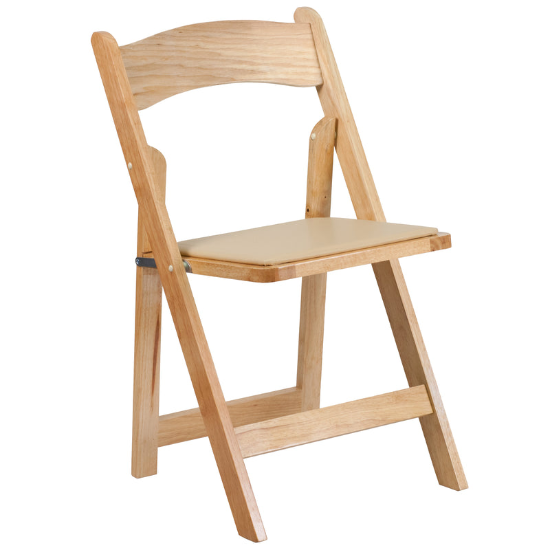 2 Pack SINGLEWAVE Series Natural Wood Folding Chair with Vinyl Padded Seat