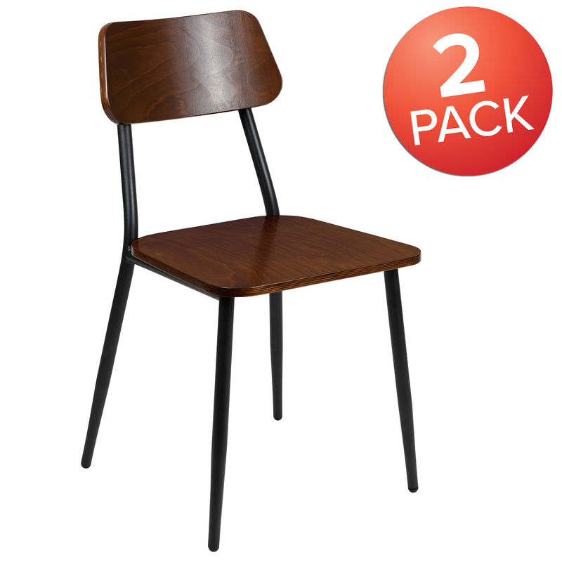 Stackable Industrial Dining Chair with Gunmetal Steel Frame and Rustic Wood Seat, Set of 2