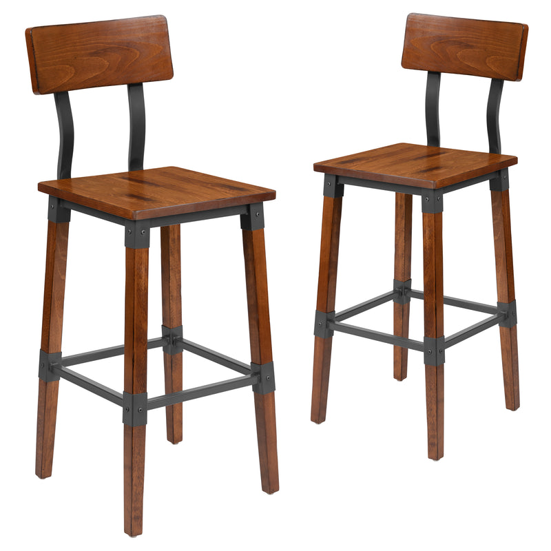 2 Pack Rustic Antique Walnut Industrial Wood Dining Barstool