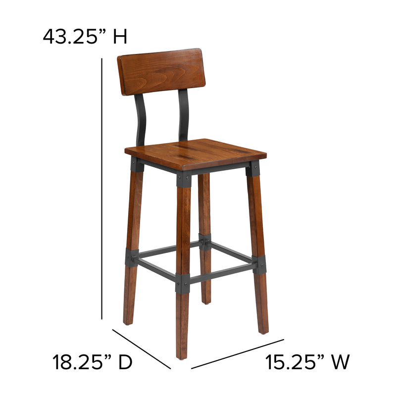 2 Pack Rustic Antique Walnut Industrial Wood Dining Barstool