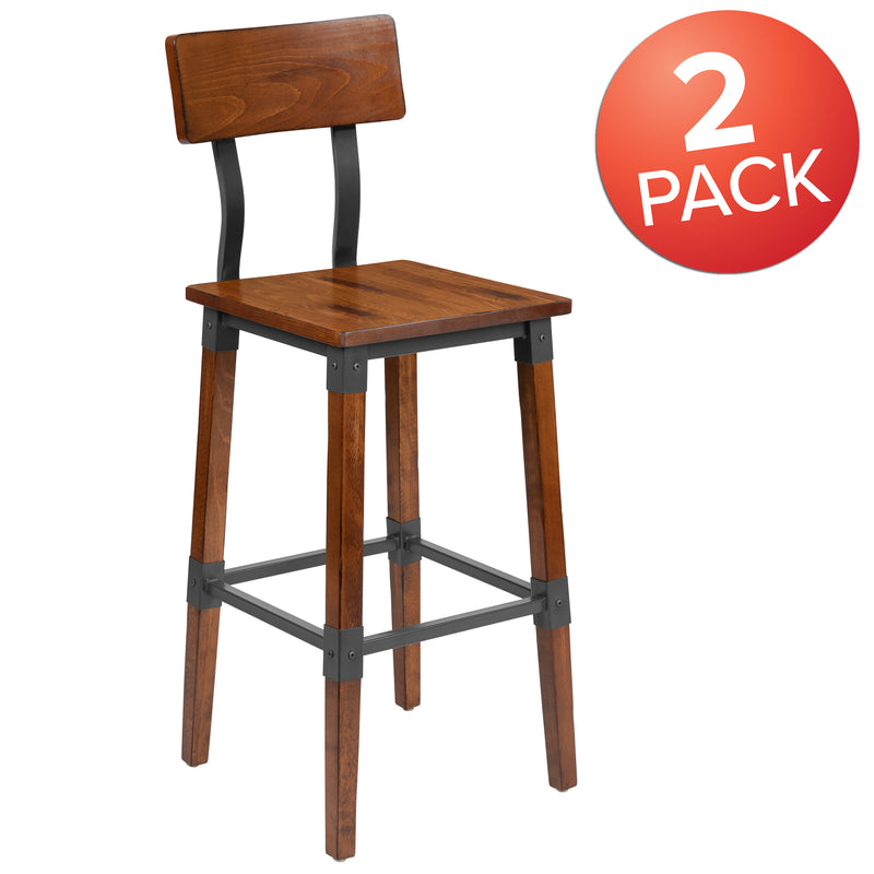 2 Pack Rustic Antique Walnut Industrial Wood Dining Barstool