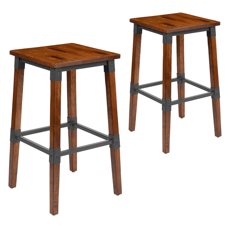 2 Pack Rustic Antique Walnut Industrial Wood Dining Backless Barstool